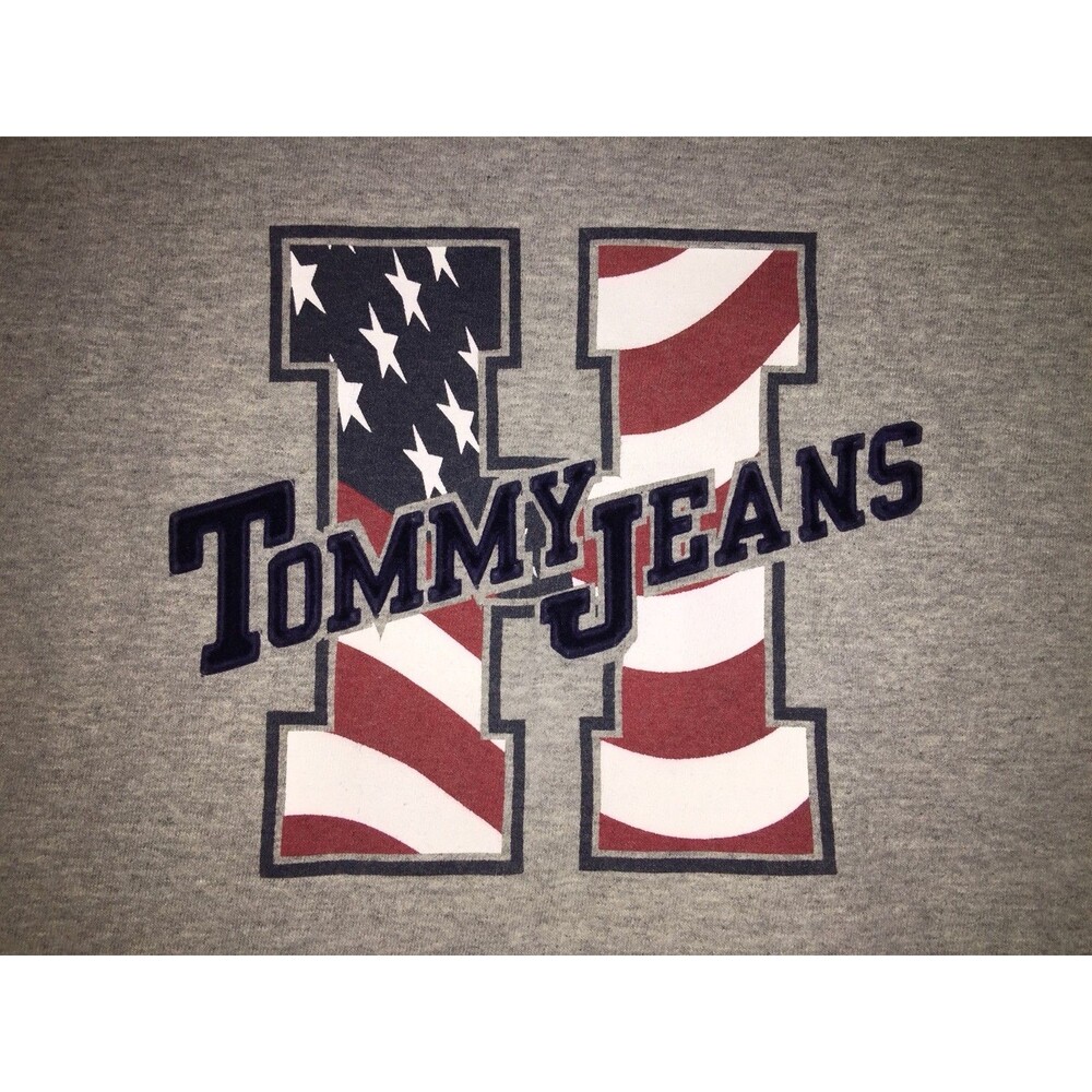 Vintage TOMMY JEANS Hilfiger Heather Gray T-Shirt BIG H Logo USA American Flag L